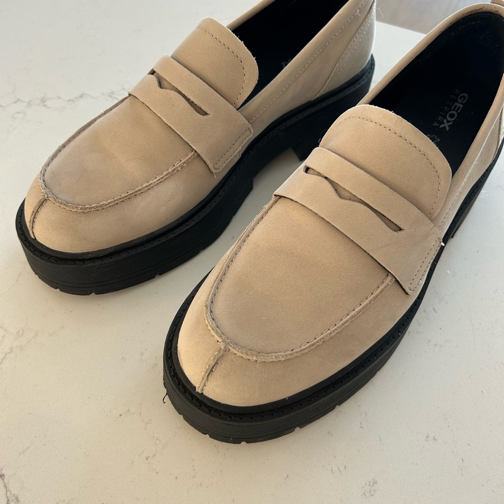 Geox Beige Suede Penny Loafers with Black Soles